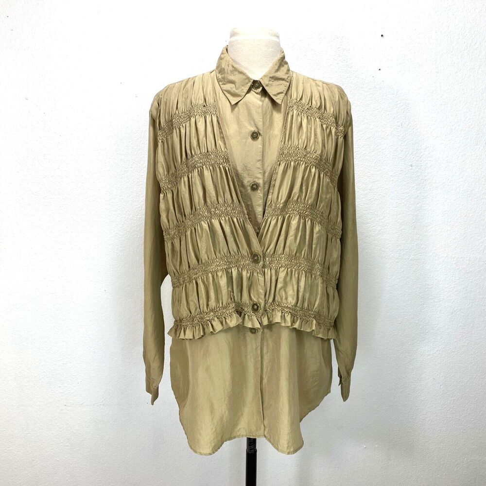 Vintage Woman Croquet Silk Blouse Smocked Attached Vest Large Tan Boho Steampunk